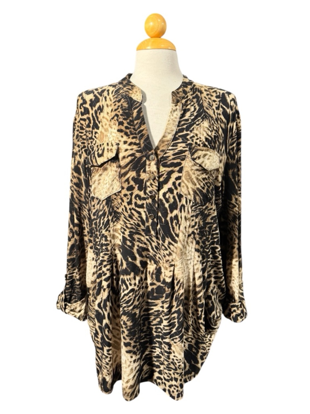 Women's Leopard Print Button-Front Tunic Top - Black and Cream